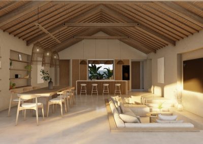 Interior de villa exclusiva en Bali con grandes ventanales y luz natural